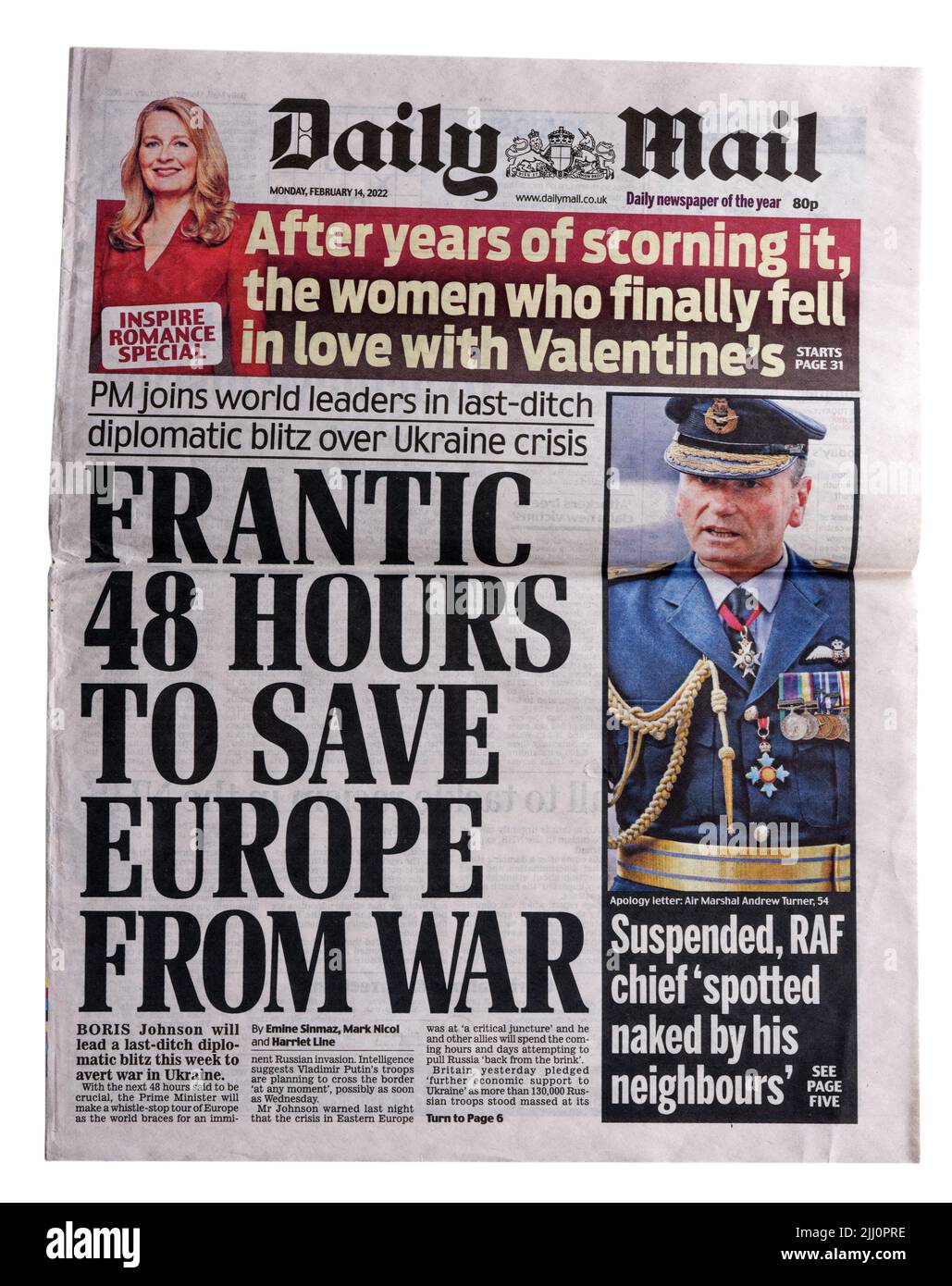 A Daily Mail headline dal 14th febbraio 2022 circa l'invasione russa dell'Ucraina con il titolo frenetico 48 ore per salvare l'Europa da W Foto Stock