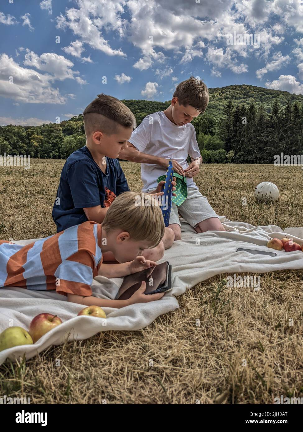 I bambini fanno aeroplani su un picnic, giocando su un tablet Foto Stock