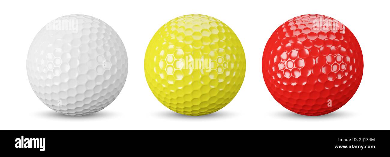 Palla da golf . Colore bianco , giallo e rosso . Isolato . Tracciati di ritaglio incorporati . 3D rendering . Foto Stock