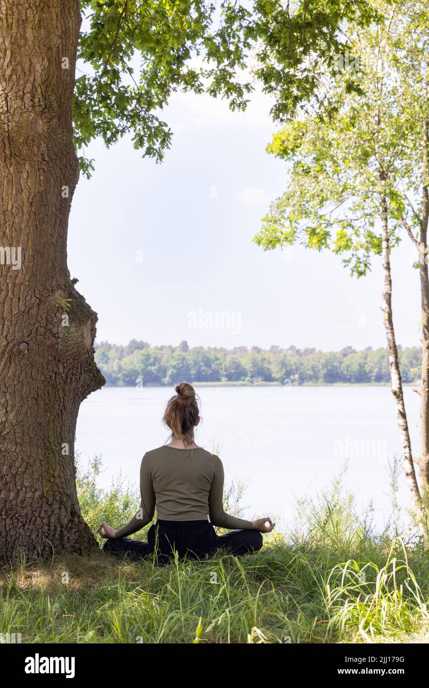 Giovane donna che pratica lo yoga in natura. Seduta su erba verde accanto ad un albero e un lago forestale. Comunicare all'esercizio e mantenere una buona salute. Foto di alta qualità Foto Stock