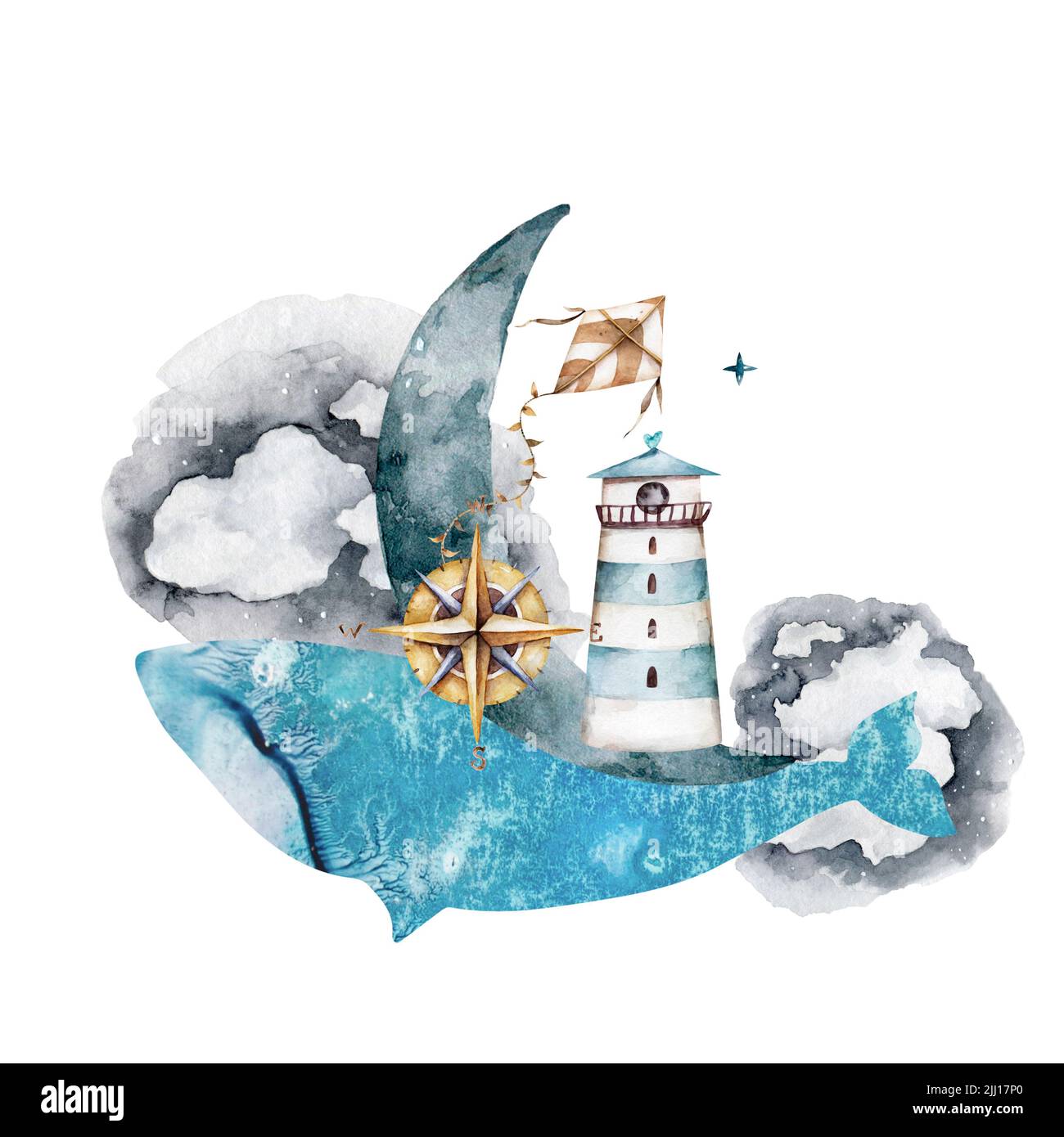 Balena nelle nuvole con la luna, un faro e una bussola sul suo sfondo acquerello illustrazione su uno sfondo bianco. Aquilone, segni e simbolismo Foto Stock