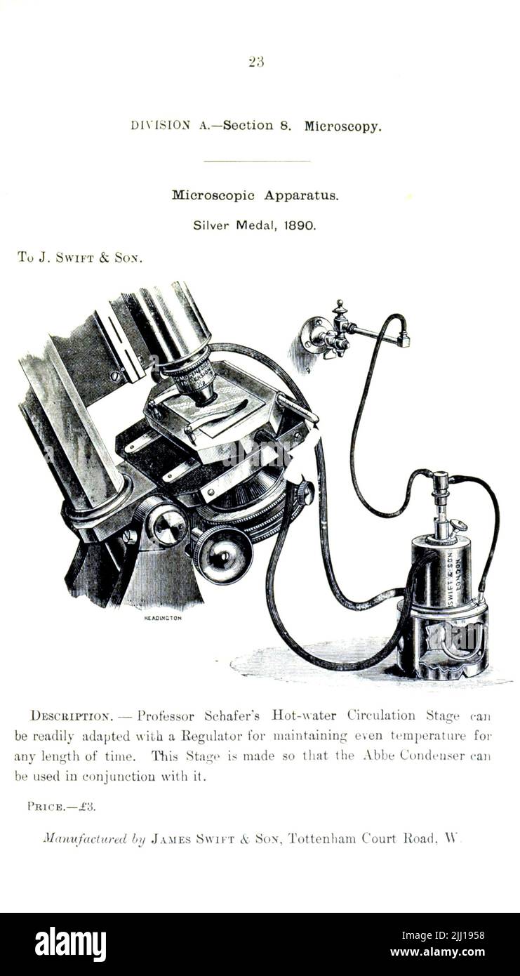 Apparecchio microscopico, dall' elenco illustrato del libro degli oggetti esposti ai quali sono state assegnate medaglie nelle loro esposizioni, tenutesi in occasione dei congressi di Worcester, 1889 ; Brighton, 1890 ; Portsmouth, 1892 ; Liverpool, 1894 ; Newcastle, 1896 ; Leeds, 1897 ; Birmingham, 1898 ; Southampton, 1899 da Istituto sanitario (Gran Bretagna) Data di pubblicazione 1906 Editore Londra : uffici dell'Istituto sanitario Foto Stock