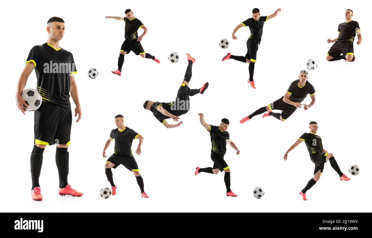 Movimenti sportivi. Set, collage fatto di colpi di calciatore professionista maschile con palla in movimento, azione isolata su sfondo bianco. Uomo in nero Foto Stock