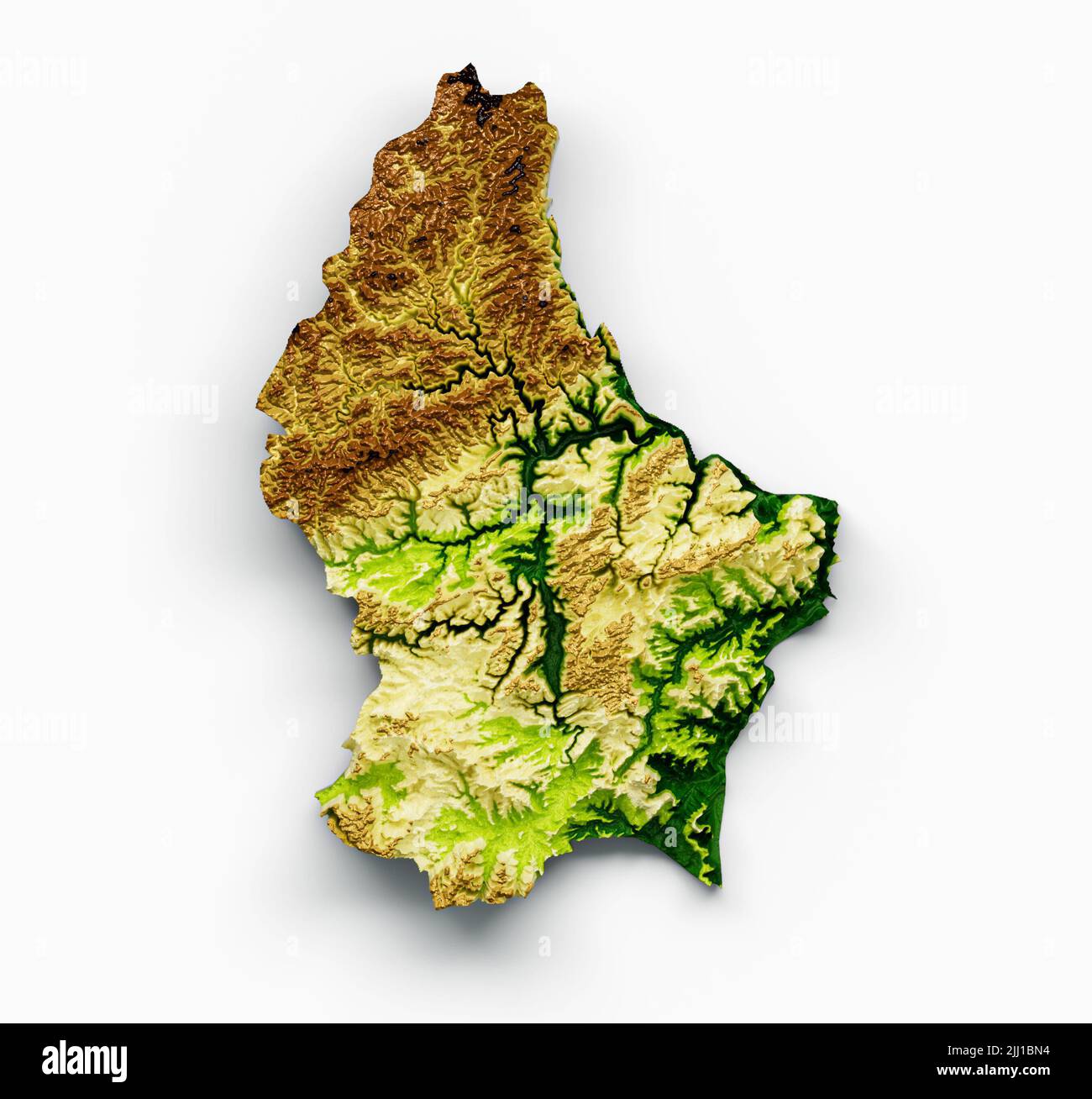 Un'illustrazione del 3D della mappa del Lussemburgo con rilievo ombreggiato su sfondo bianco Foto Stock