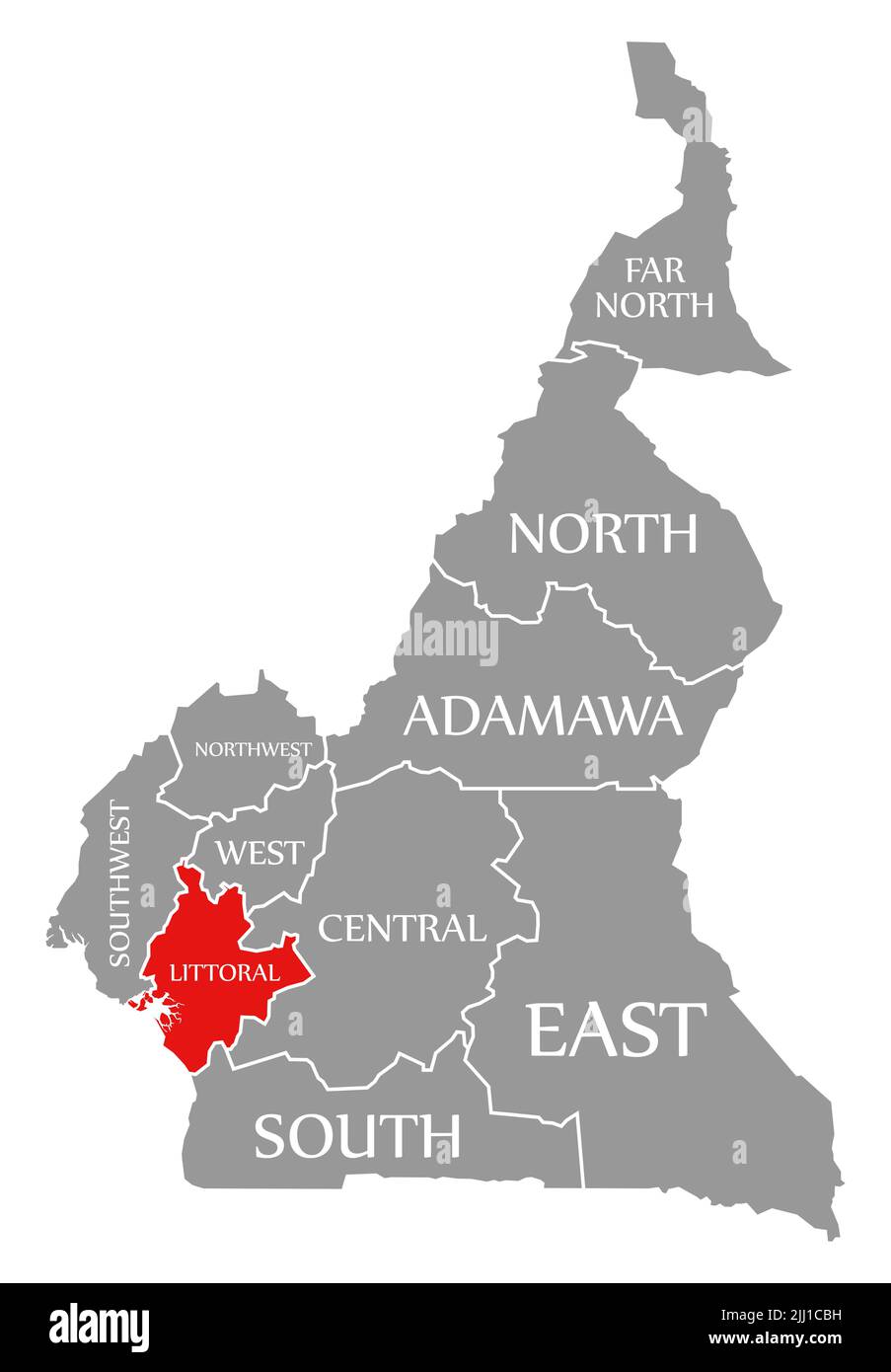 Regione litoranea rossa evidenziata nella mappa del Camerun Foto Stock