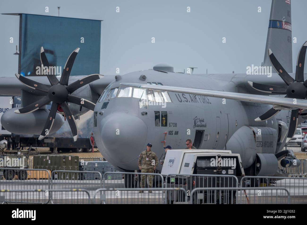 Farnborough International Airshow, 18 luglio 2022, Hampshire, Inghilterra, Regno Unito. United States Air Force Hercules della Georgia Air Guard nell'area statica del Trade Airshow. Foto Stock