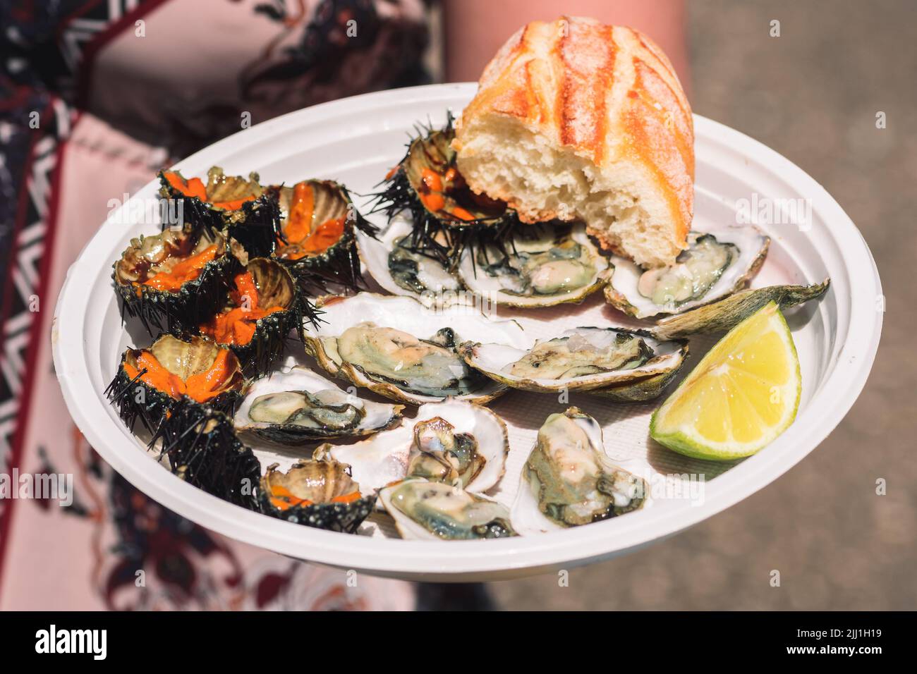 Turista che mostra un piatto con ricci di mare crudo e ostriche pronte a mangiare con pane e limone a Bari, Puglia, Italia Foto Stock