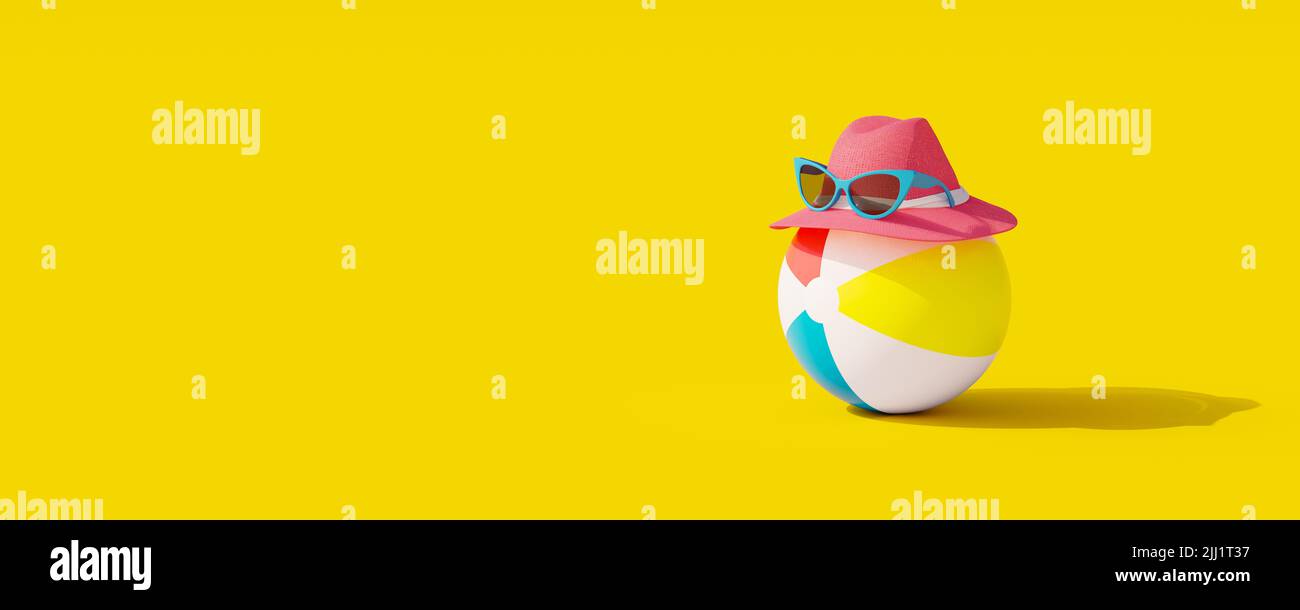 Cappello con occhiali da sole e palla di gomma su sfondo giallo. Estate concetto 3D rendere illustrazione 3D Foto Stock