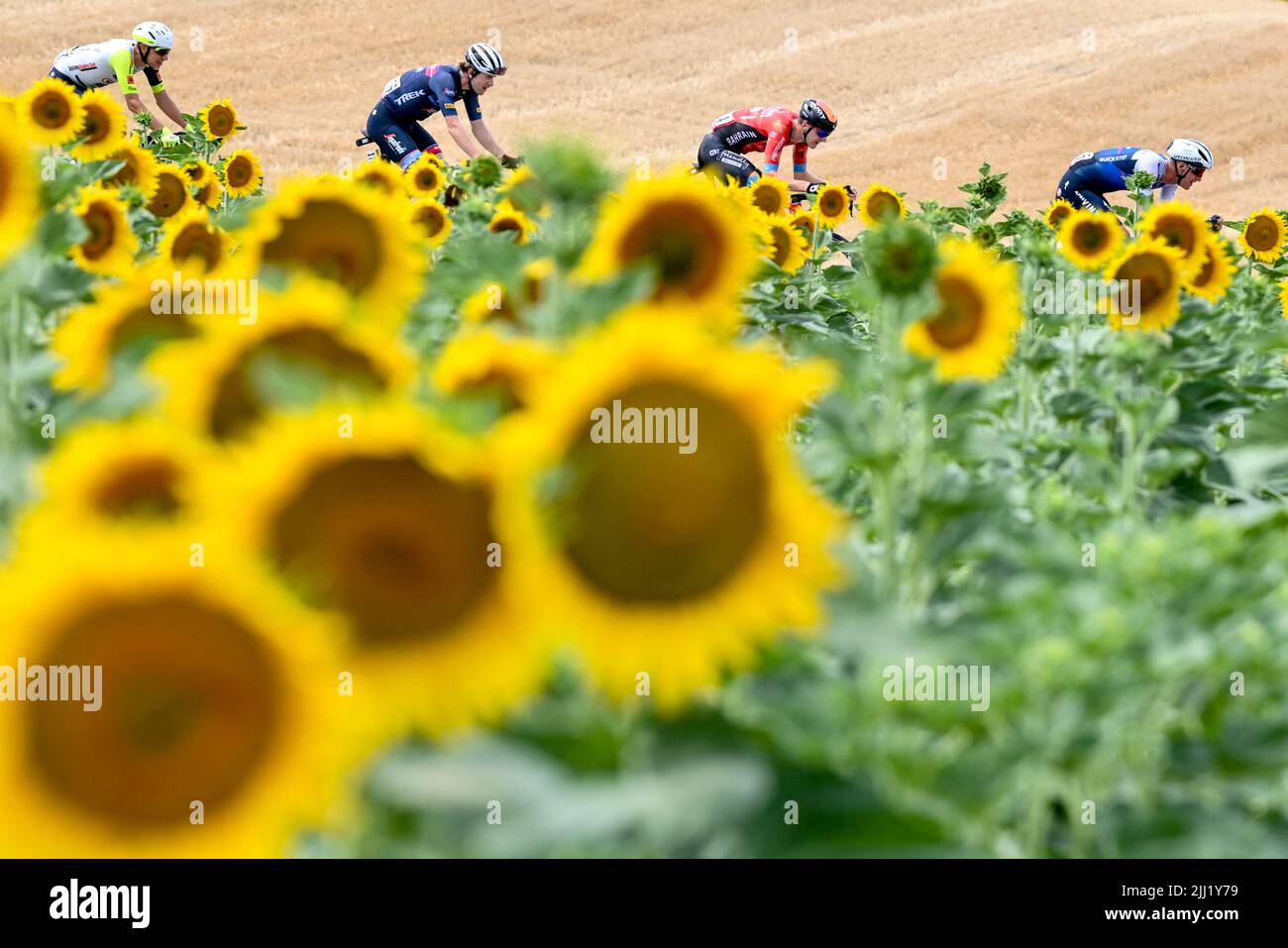 Cahors, Francia. 22nd luglio 2022. Olandese Taco van der Hoorn di Intermarche Wanty-Gobert Materiaux, US Quinn Simmons di Trek-Segafredo, sloveno Matej Mohoric del Bahrain vittorioso e danese Mikkel Frolich onore di Quick-Step Alpha Vinyl raffigurato in azione durante la tappa 19 della gara ciclistica Tour de France, da Castelnau-Magnoac - Cahors, Francia (189km) Venerdì 22 luglio 2022. Il Tour de France di quest'anno si svolge dal 01 al 24 luglio 2022. BELGA FOTO DAVID STOCKMAN - UK OUT Credit: Belga News Agency/Alamy Live News Foto Stock