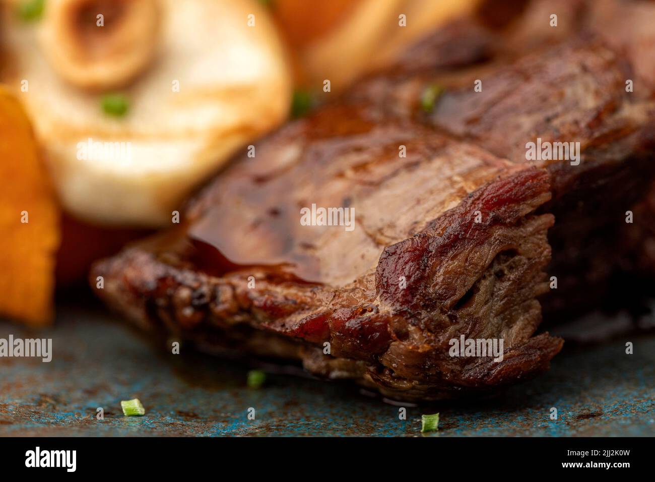 foto dettagliata di una succosa bistecca Foto Stock