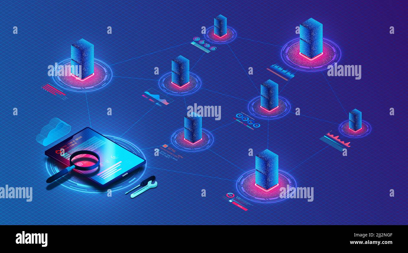 Network Performance Monitoring Concept - NPM - Strumenti e processi per monitorare la qualità del servizio di una rete digitale - Observability e Cloud Mo Foto Stock
