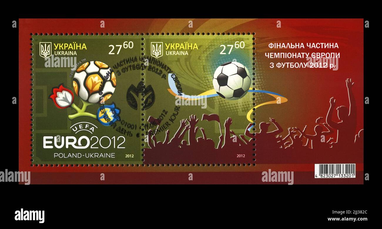 CAMPIONATO finale EURO 2012 a Kiev, Ucraina. Timbro annullato stampato in Ucraina, circa 2012. Foto Stock