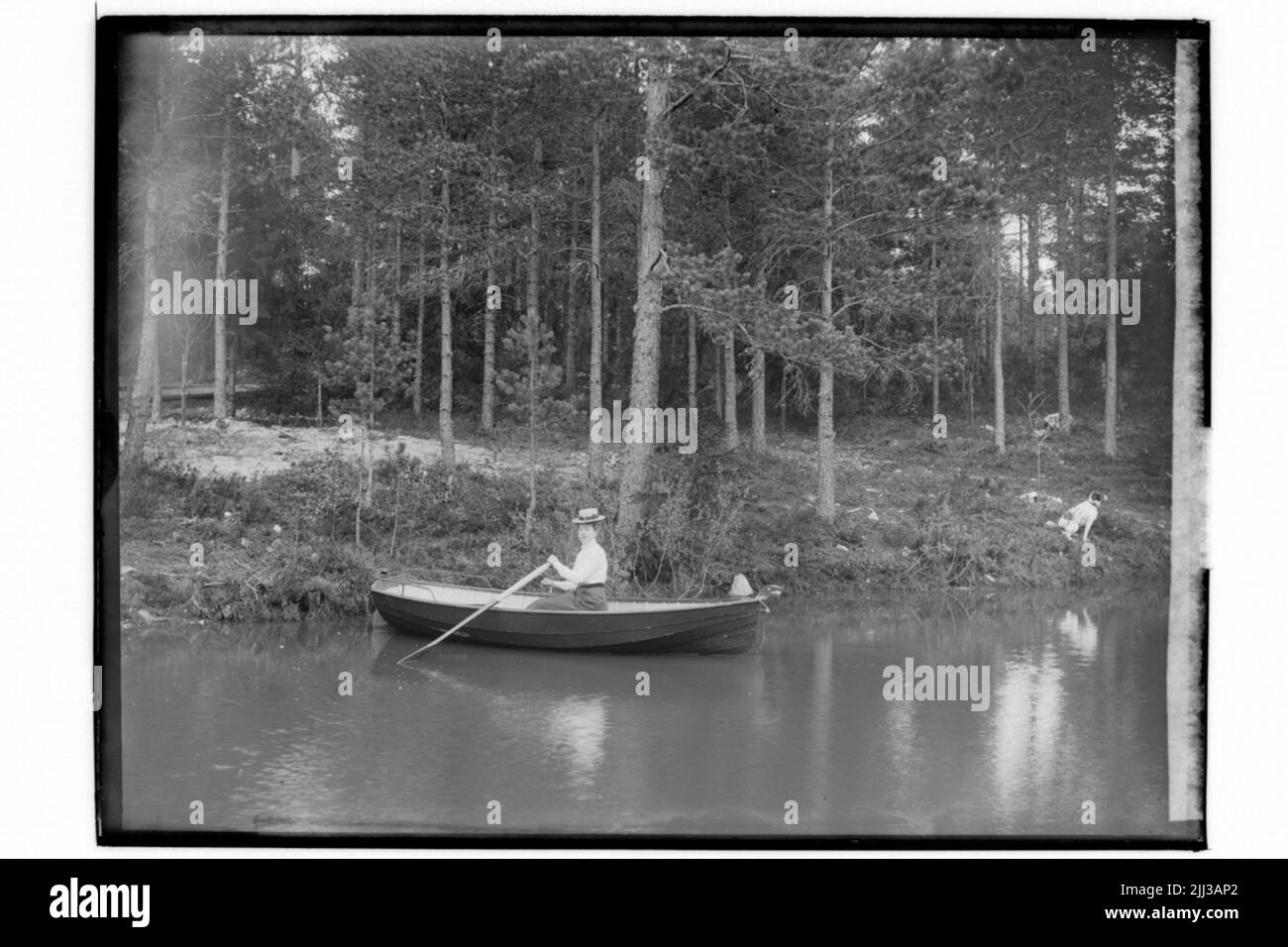 Una donna che voga in una quercia. Un cane sulla spiaggia. Produttore Anton Hahn, Engelbrektsgatan 64, Örebro. Foto Stock
