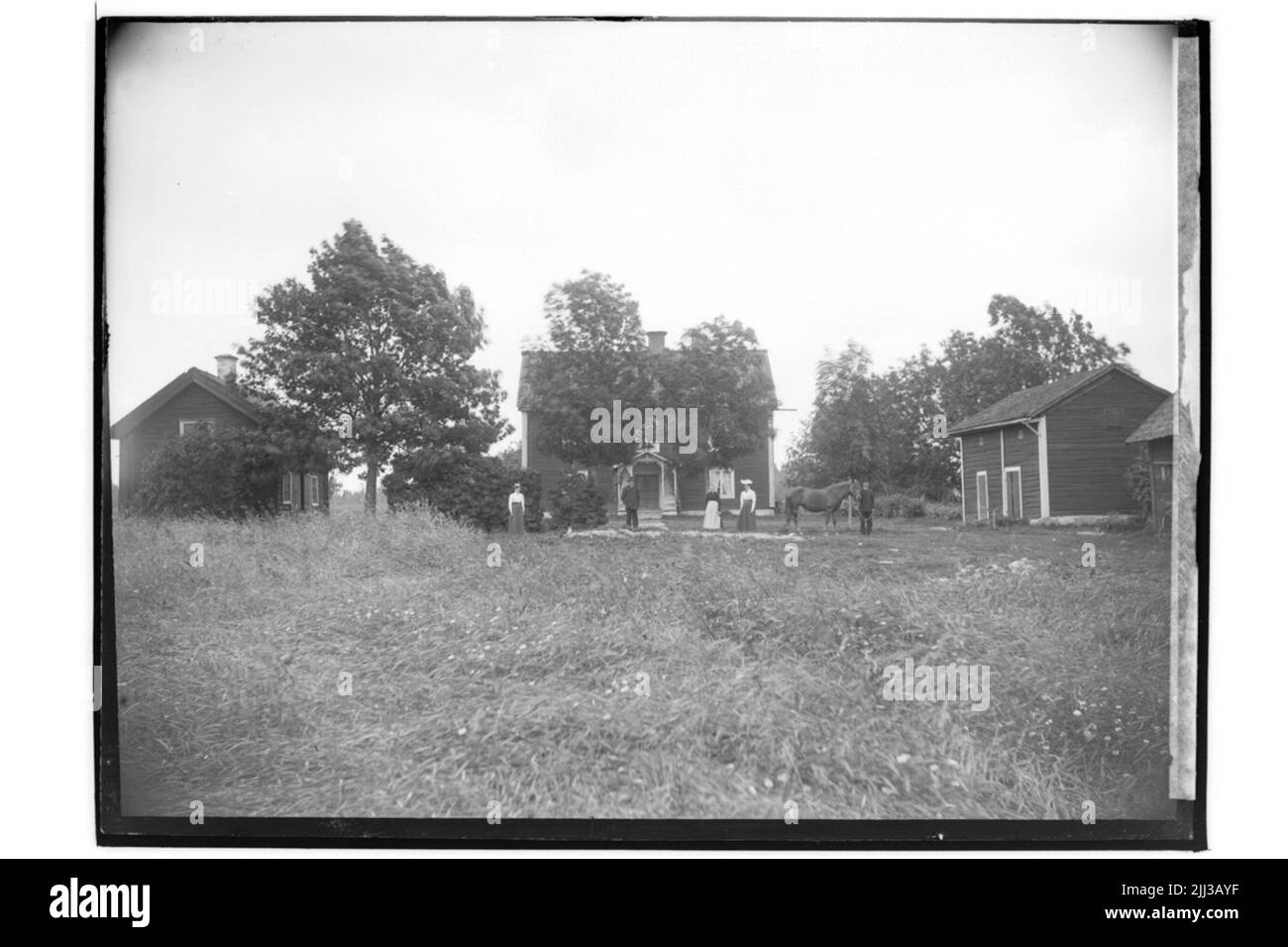 Edifici residenziali a due piani, due edifici economici. 5 persone e un cavallo. karl Erik Ersson. Foto Stock
