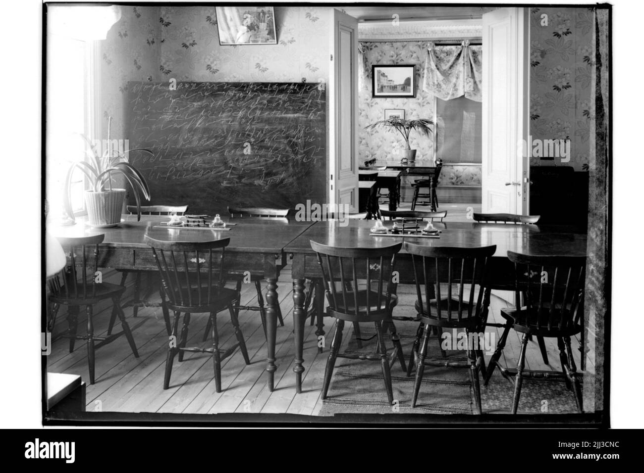 Örebro Practical Language & Trade School, Interior, Black Board con stenografia segno. Insegnante di commercio P. Gustaf Larsson Foto Stock