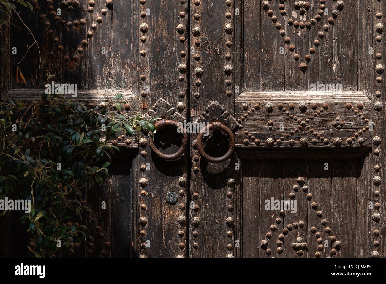 Sfondo con un'antica porta in legno con manopole tonde metalliche Foto Stock