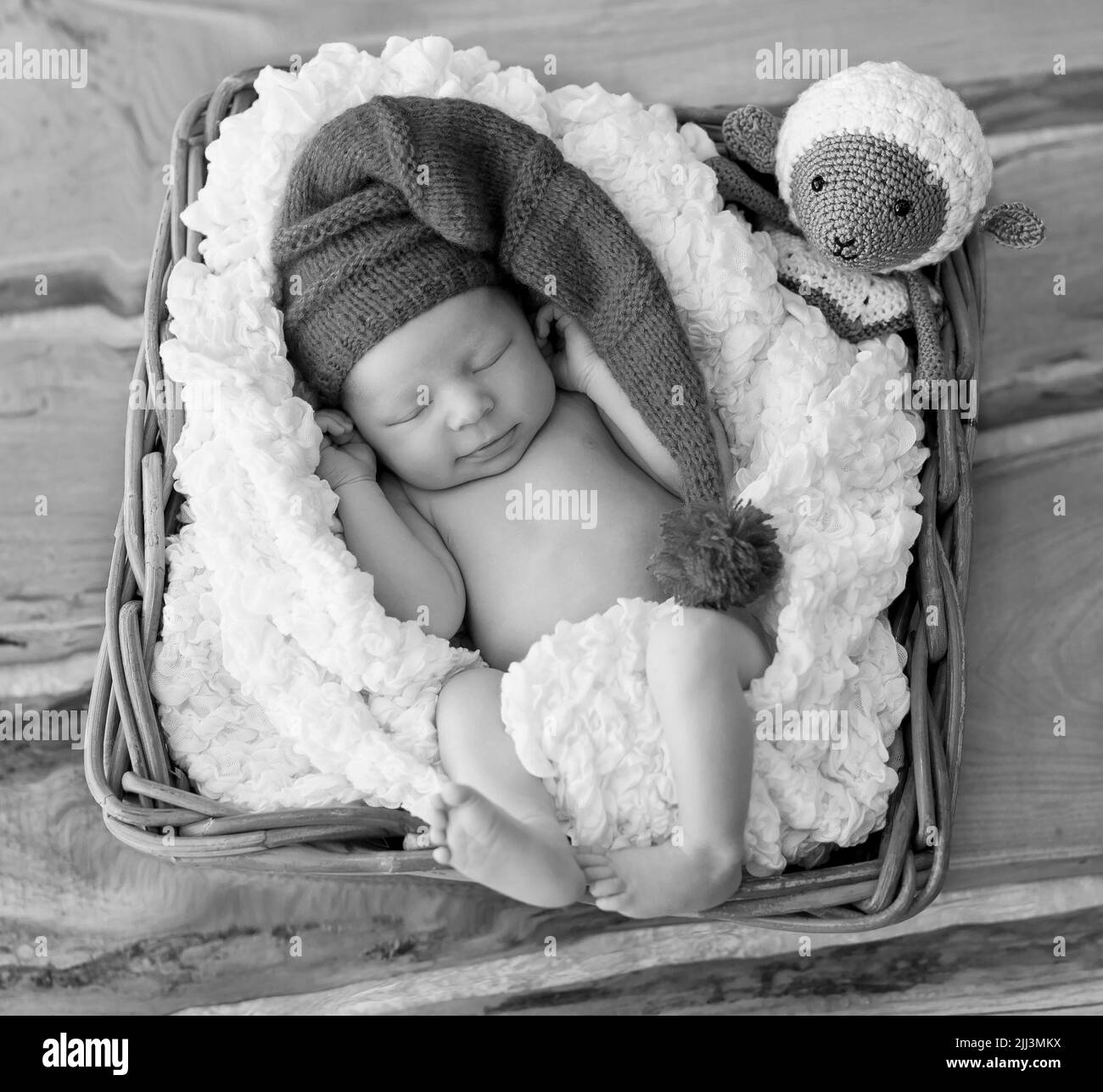 Un bambino neonato in un cappello di maglia blu dorme tranquillamente con un giocattolo di agnello lavorato a maglia in un cestino Foto Stock