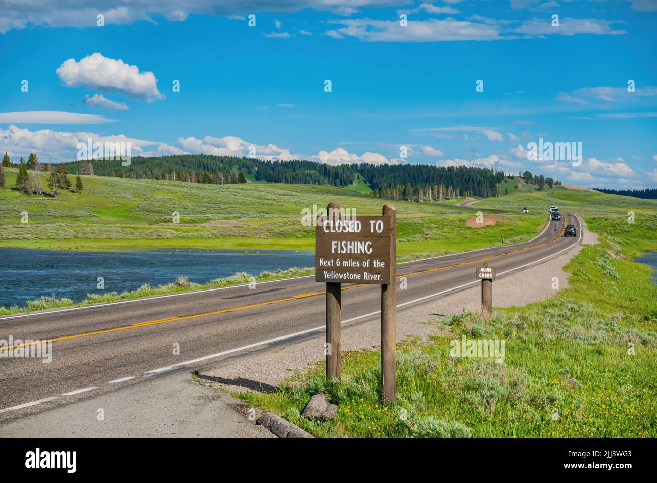 Splendido paesaggio soleggiato del fiume Yellowstone nel parco nazionale di Yellowstone nel Wyoming Foto Stock