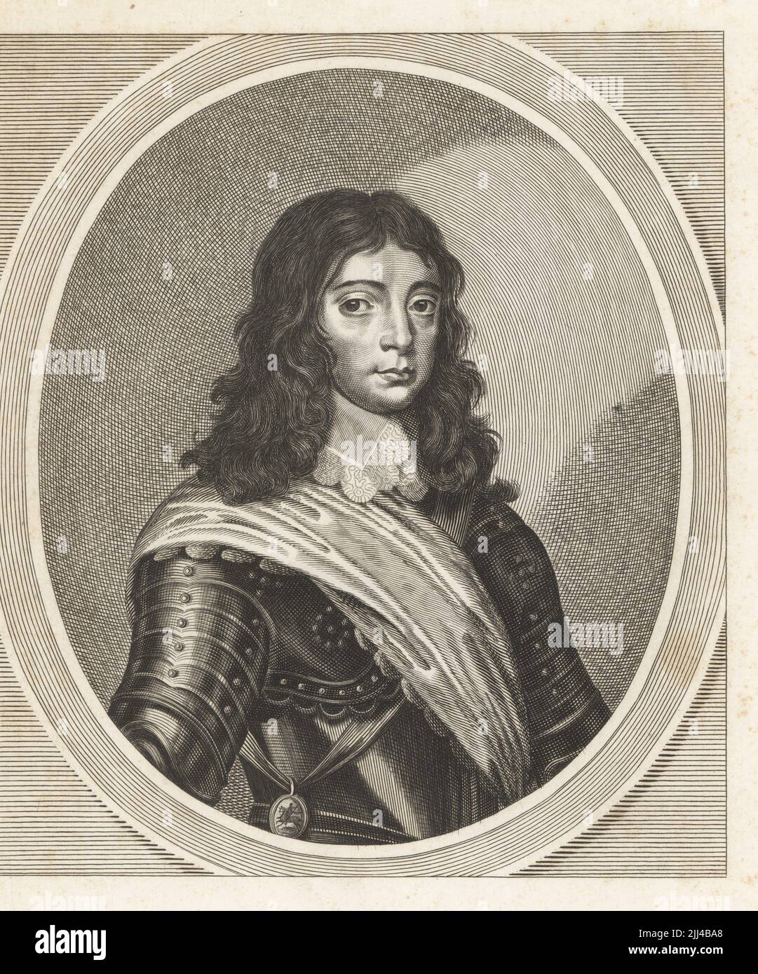 Ritratto ovale di Carlo, Principe di Galles, poi Re Carlo II, 1630-1685. Come un giovane uomo con capelli lunghi in vestito di armatura con colletto di pizzo e di cenere. Da una stampa molto bella e rara di William Faithorne. Incisione su copperplate della Galleria dei Reni di Samuel Woodburn, composta da lastre originali, George Jones, 102 St Martin’s Lane, Londra, 1816. Foto Stock