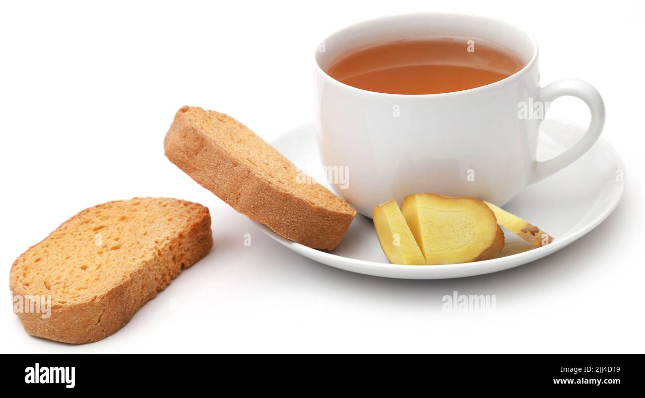 Tè alle erbe con erbe e ingredienti diversi e toast come prima colazione Foto Stock