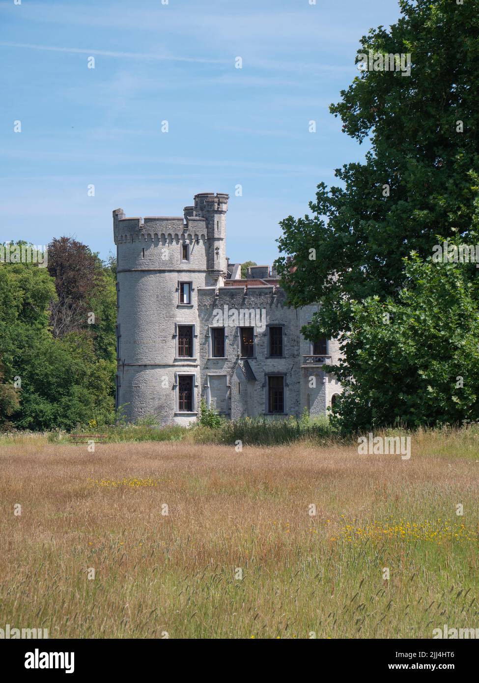 Meise, Belgio, 17 luglio 2022, la torre del castello di Bouchout dal 12th secolo nel mezzo di un giardino paesaggistico con piante esotiche foto Foto Stock