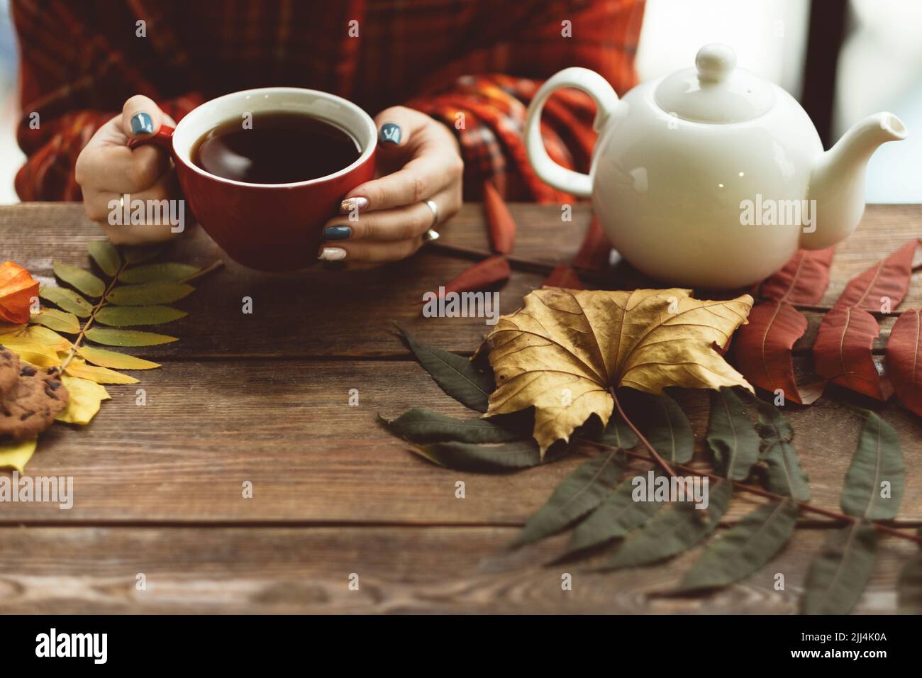 Donna tazza caldo tè autunno sfondo concetto Foto Stock