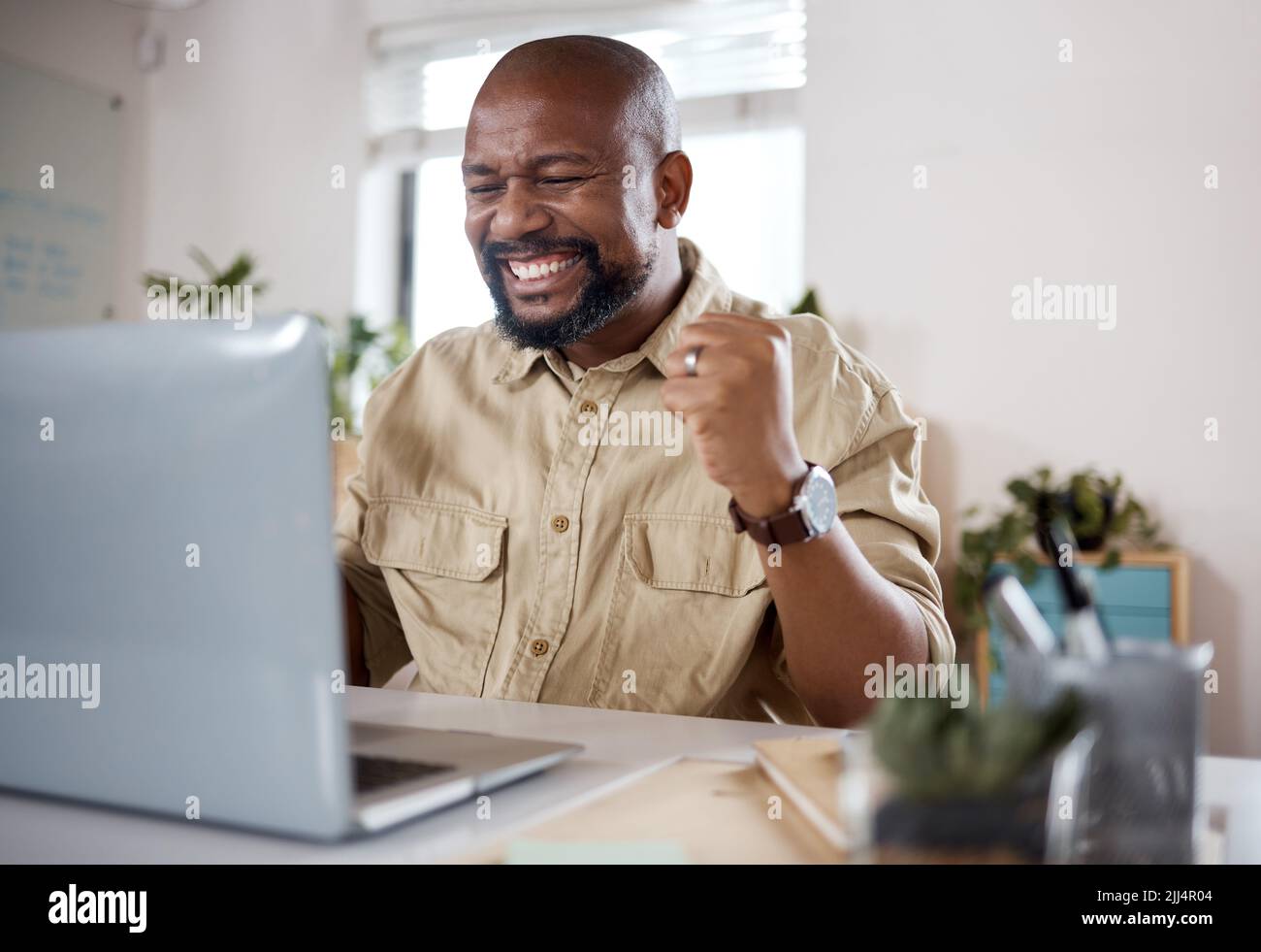 Questo giorno non poteva andare meglio: Un uomo d'affari maturo che usa un notebook e che guarda eccitato in un ufficio moderno. Foto Stock