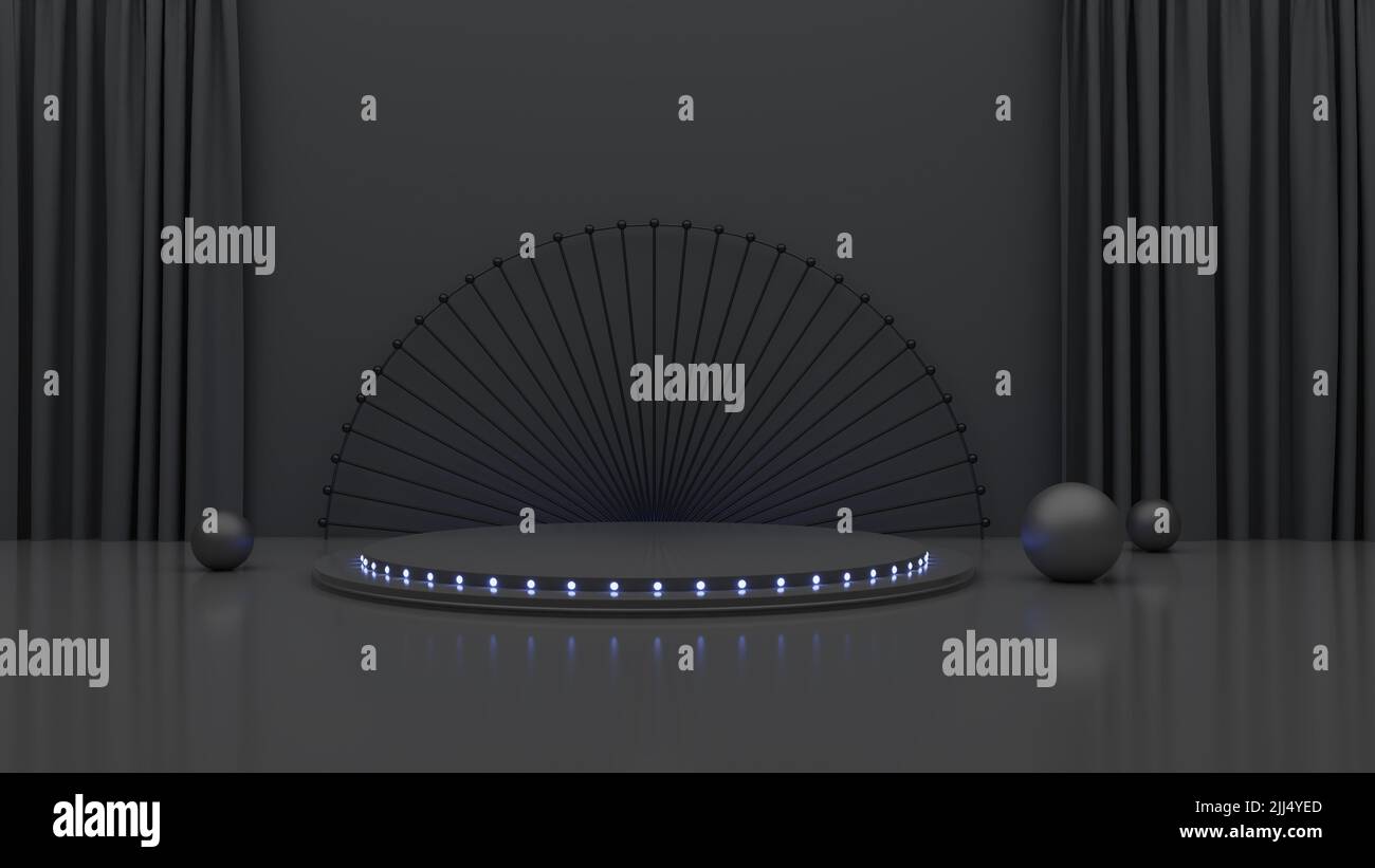 3D podio geometrico nero con luce neon blu. Sfondo scuro. Scena minimale di lusso per la vetrina dei prodotti, esposizione promozionale. Foto Stock