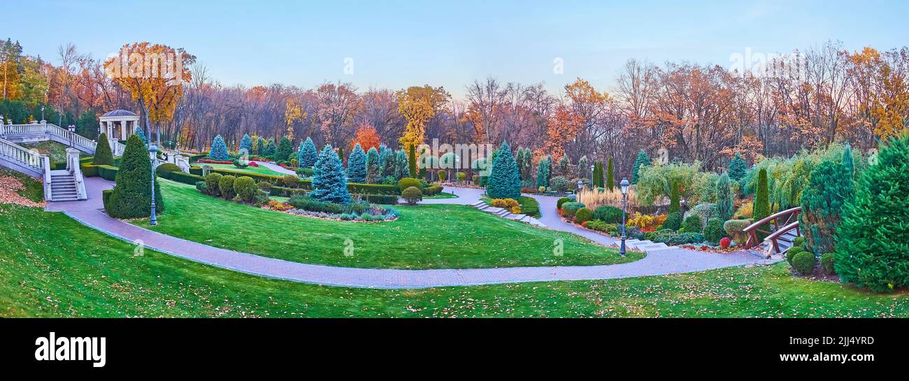 Vista panoramica del pendio della collina coperto da parco ornamentale con prato verde, alberi di thuja e querce alte sparse sullo sfondo, Mezhyhirya, Ucraina Foto Stock