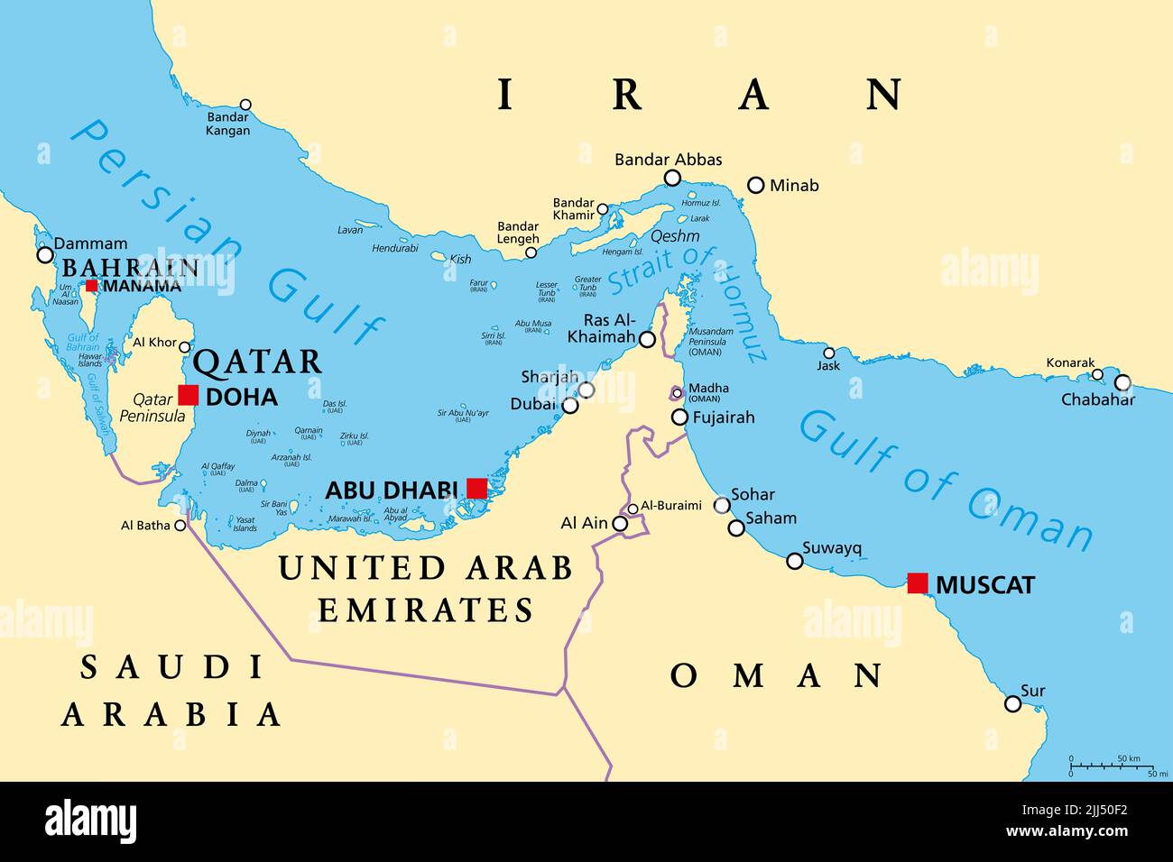 Stretto di Hormuz, mappa politica. Idrovia tra il Golfo Persico e il Golfo dell'Oman, un punto di strozzatura strategicamente estremamente importante. Foto Stock