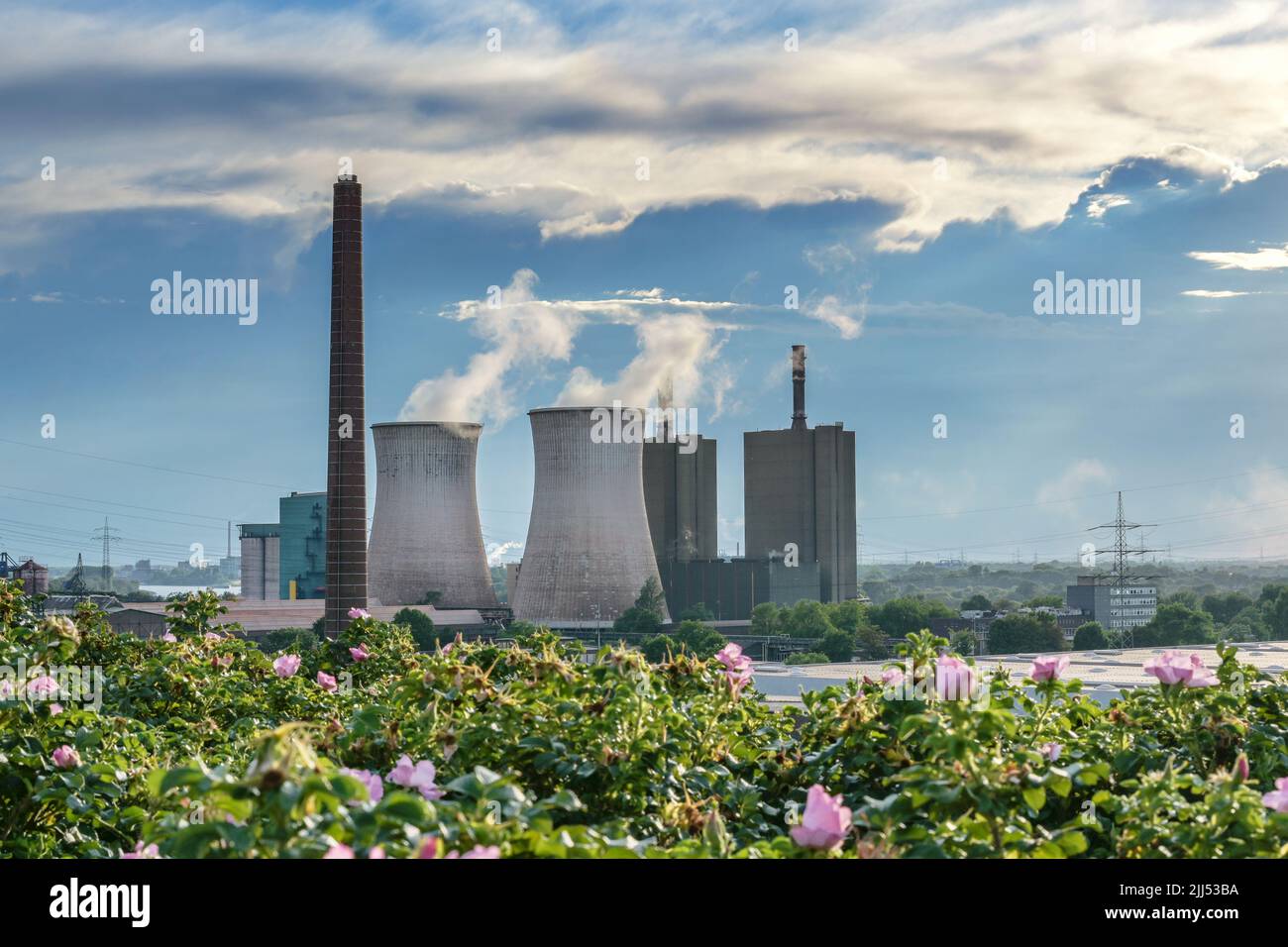 Camino e torri di raffreddamento con inquinamento di una centrale elettrica che utilizza energia fossile vicino alla acciaieria di Duisburg, Germania, nuovamente il paesaggio industriale Foto Stock
