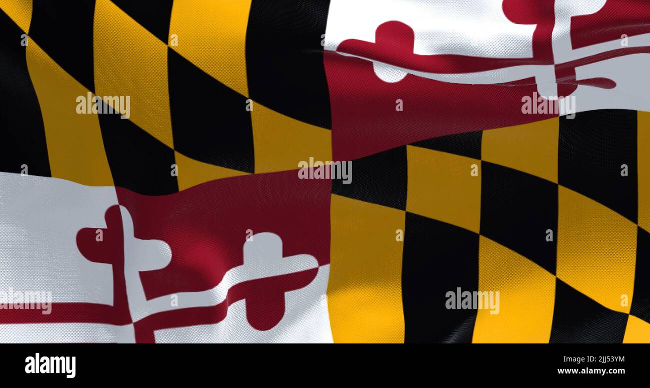 La bandiera di stato degli Stati Uniti del Maryland sventola nel vento. Il Maryland è uno stato della regione del Mid-Atlantic degli Stati Uniti. Democrazia e indipendenza. Foto Stock