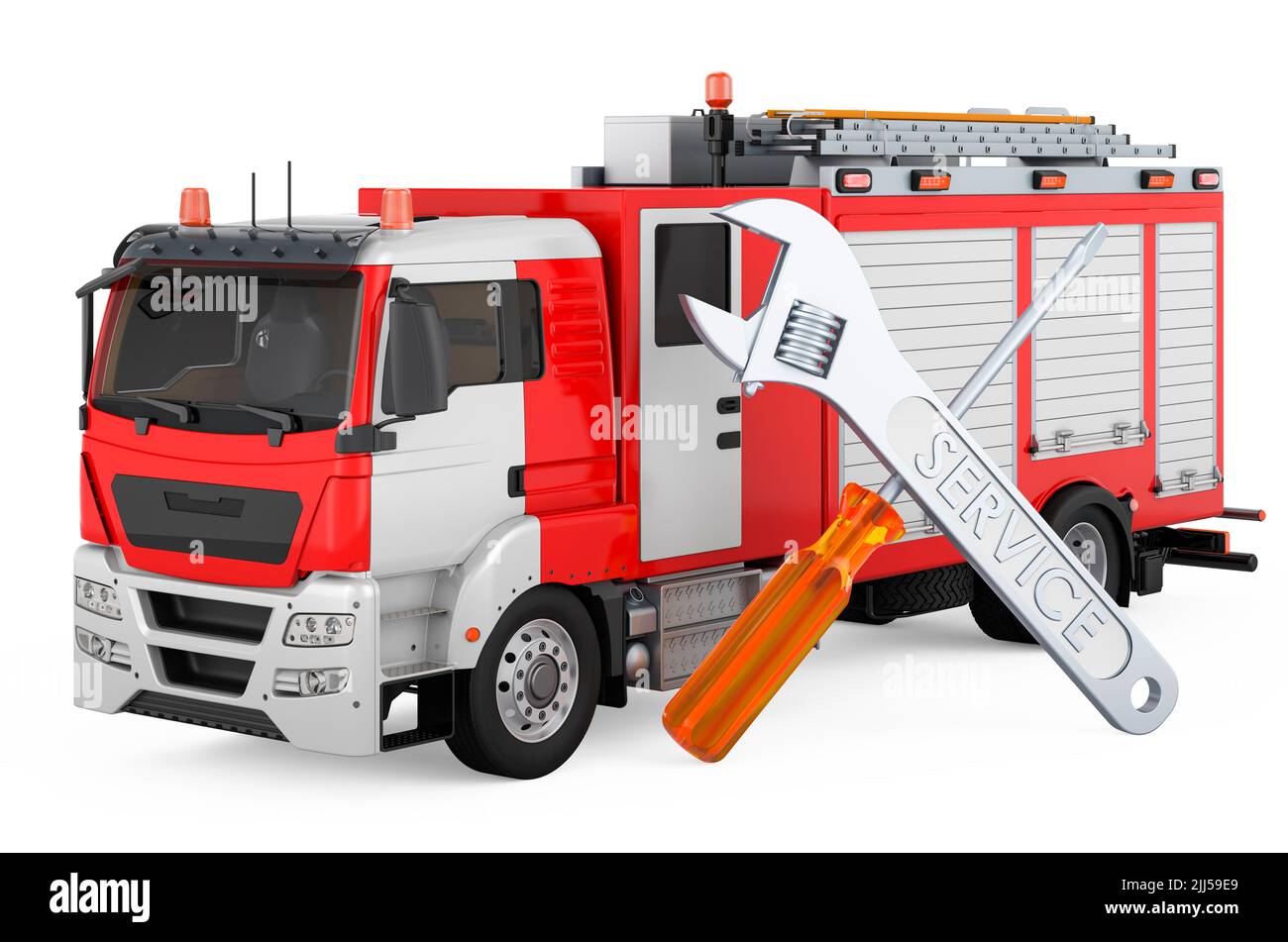 Assistenza e riparazione di camion antincendio, 3D resa isolato su sfondo bianco Foto Stock