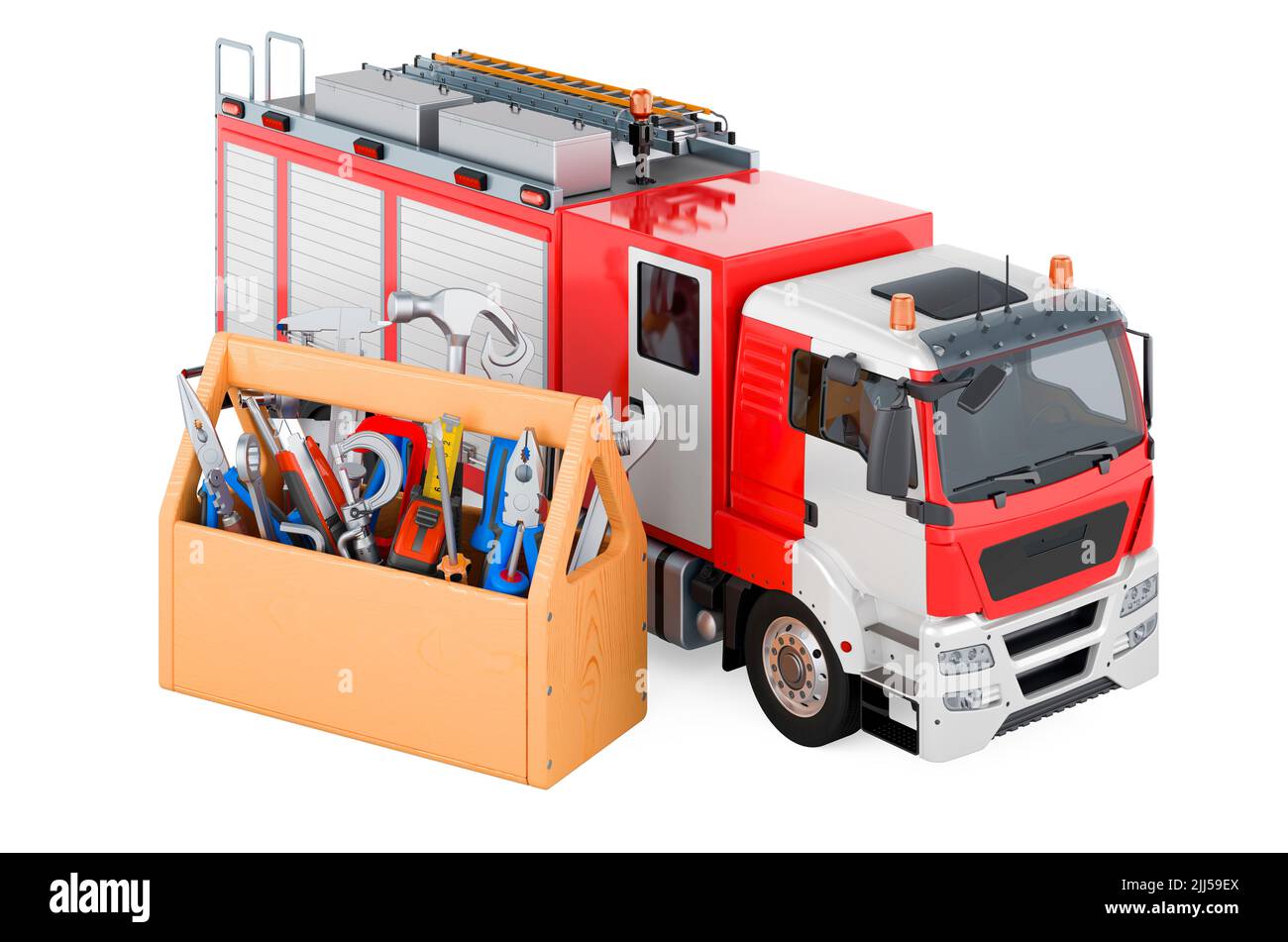 Riparazione e assistenza di camion antincendio, 3D resa isolato su sfondo bianco Foto Stock