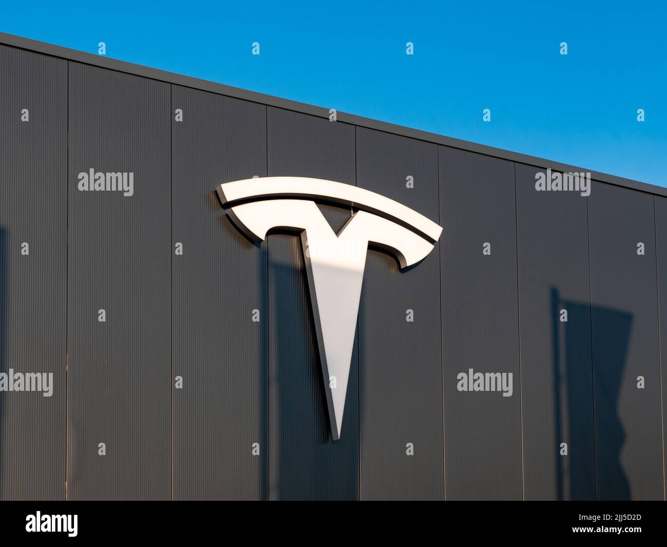 Logo Tesla Inc. Sulla facciata dell'esterno di un edificio. Centro assistenza Tesla della società automobilistica americana. Un famoso produttore di auto elettriche. Foto Stock