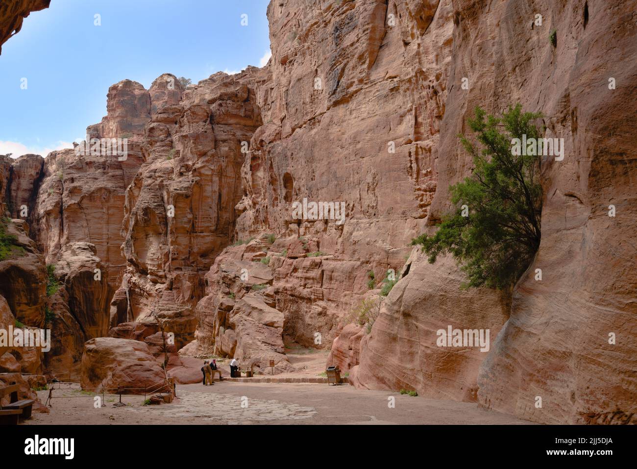 I turisti camminano nel Siq, il canyon dell'antica Petra. Dal 1985, Petra è patrimonio dell'umanità dell'UNESCO Foto Stock