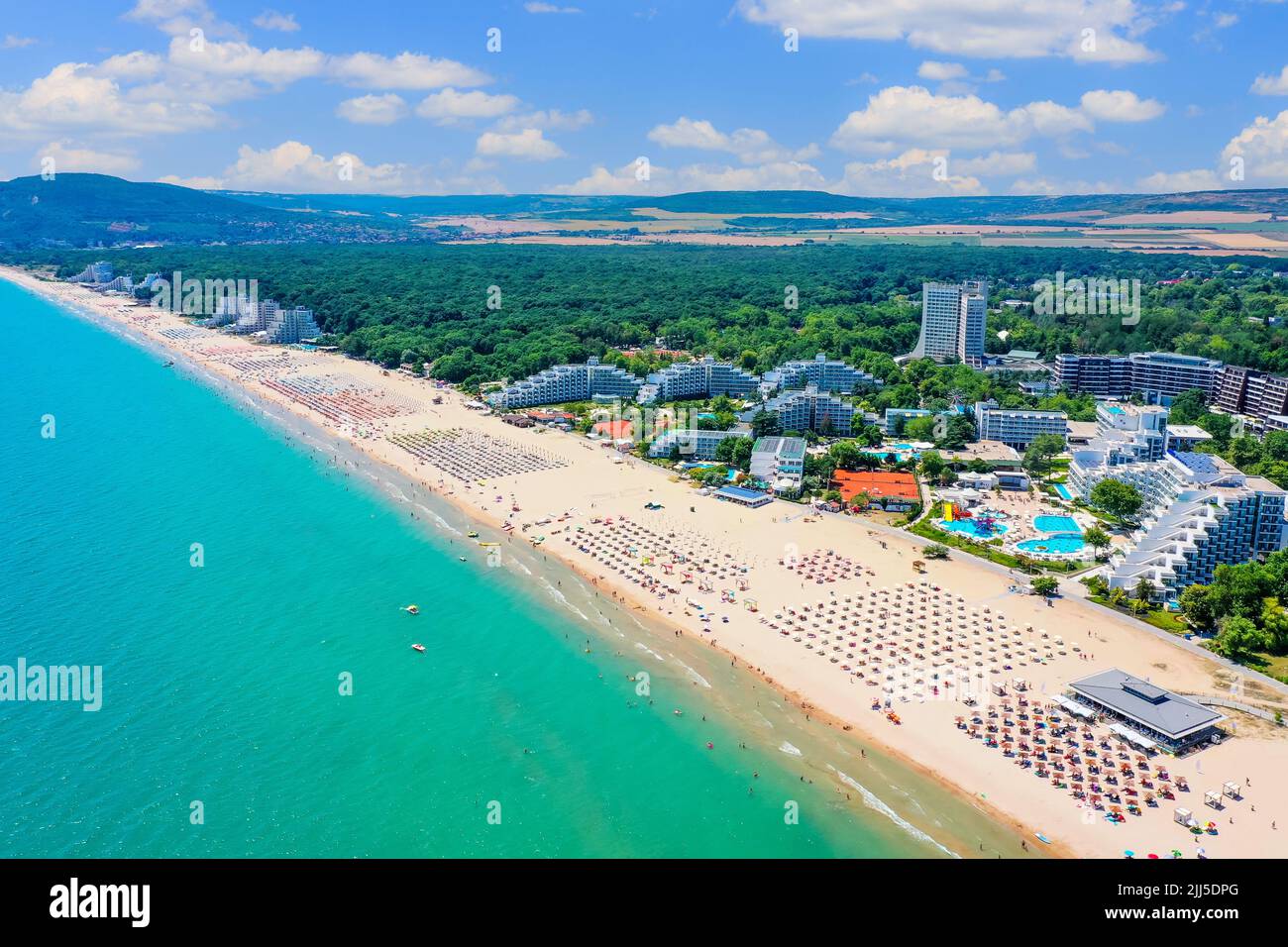Albena, Bulgaria. Vista aerea della spiaggia di Albena in estate. Foto Stock