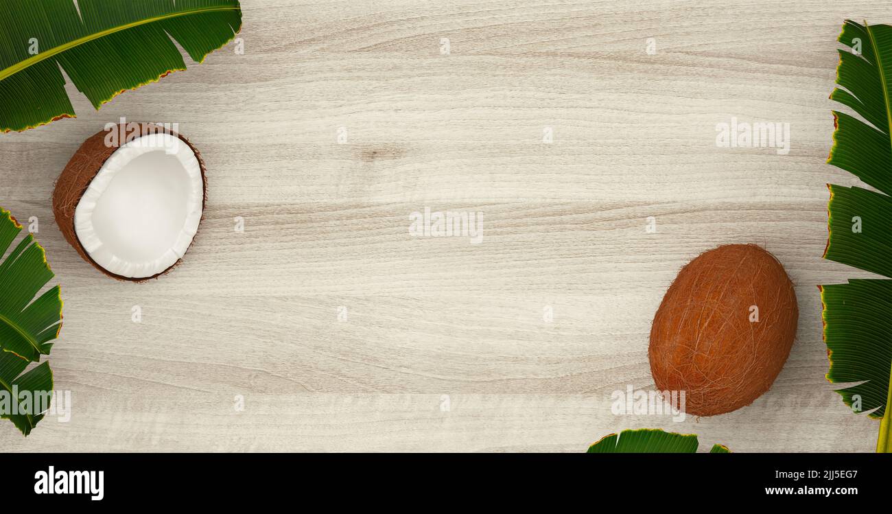 Composizione estiva. Foglie di palma tropicale, ananas, cocco su sfondo di legno. Concetto estivo. Disposizione piatta, vista dall'alto, spazio per la copia. rendering 3d Foto Stock