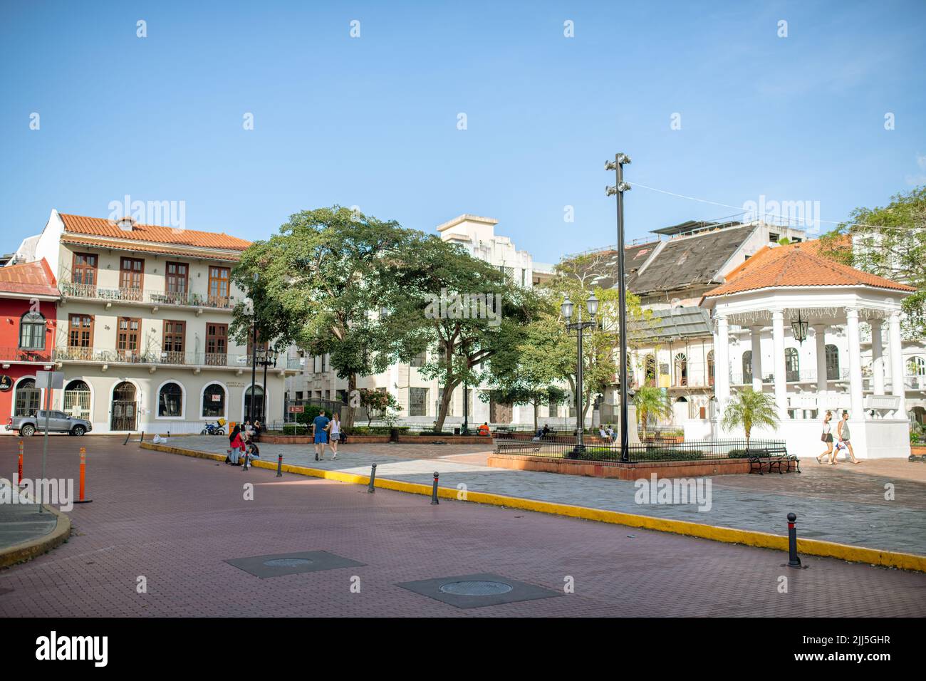 Le strade e gli edifici di Panama City a Panama Foto Stock