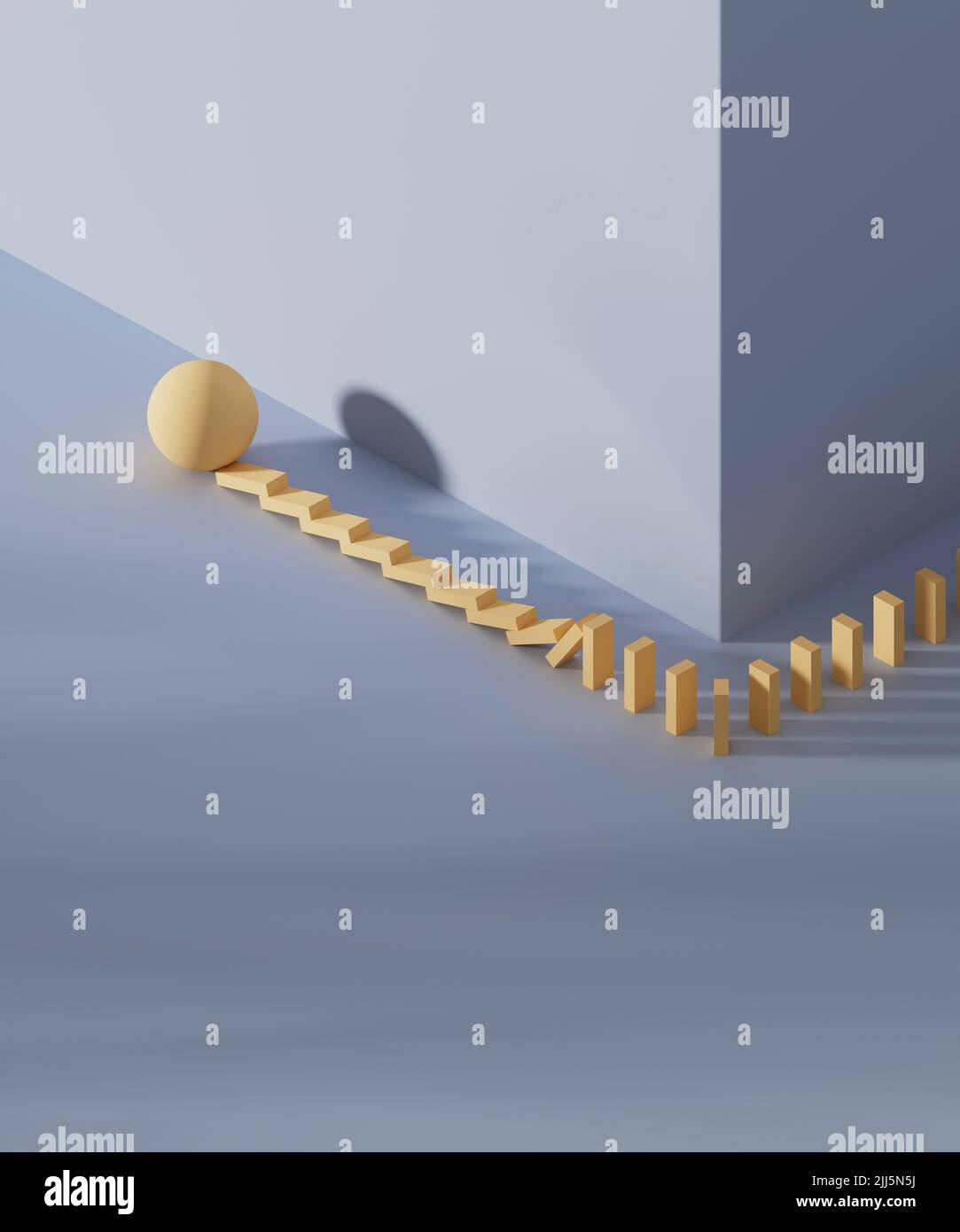 Foto studio della sfera gialla che bussa ai pezzi di domino posizionati dietro l'angolo Foto Stock