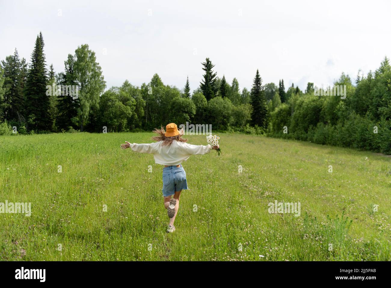 Donna con fiori di camomilla che corrono sull'erba Foto Stock