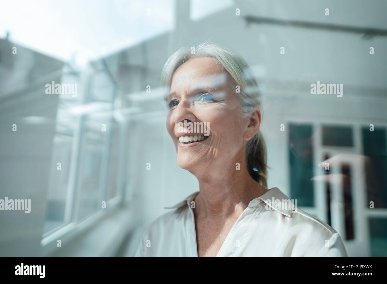 Donna d'affari anziana felice in carica Foto Stock