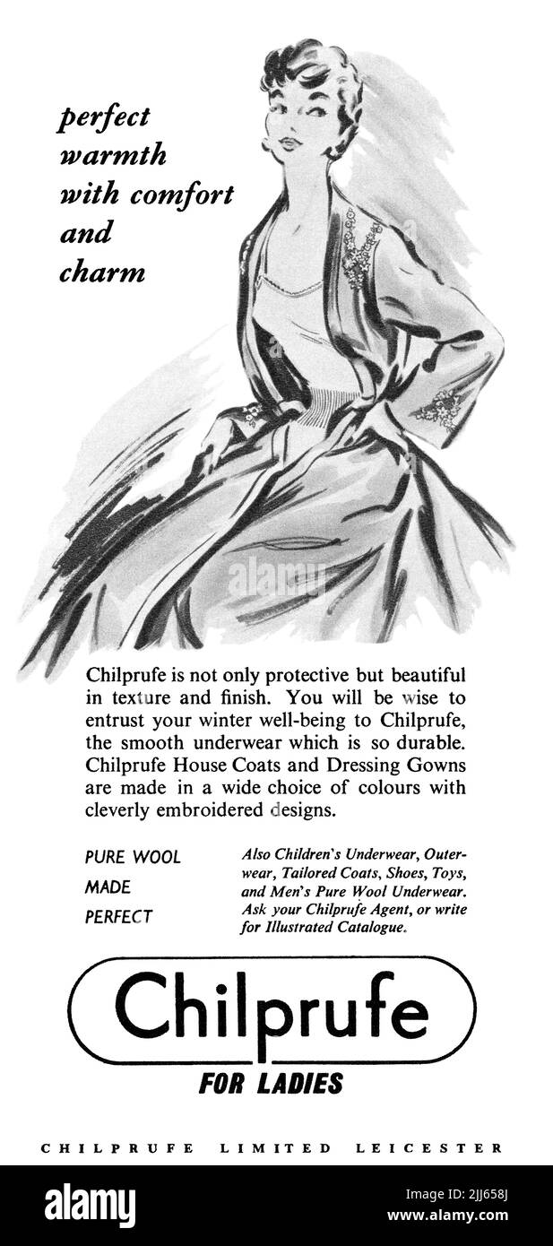 1955 Pubblicità britannica per Chilprufe pura lana donna intimo, cappotti casa e vestaglie. Foto Stock