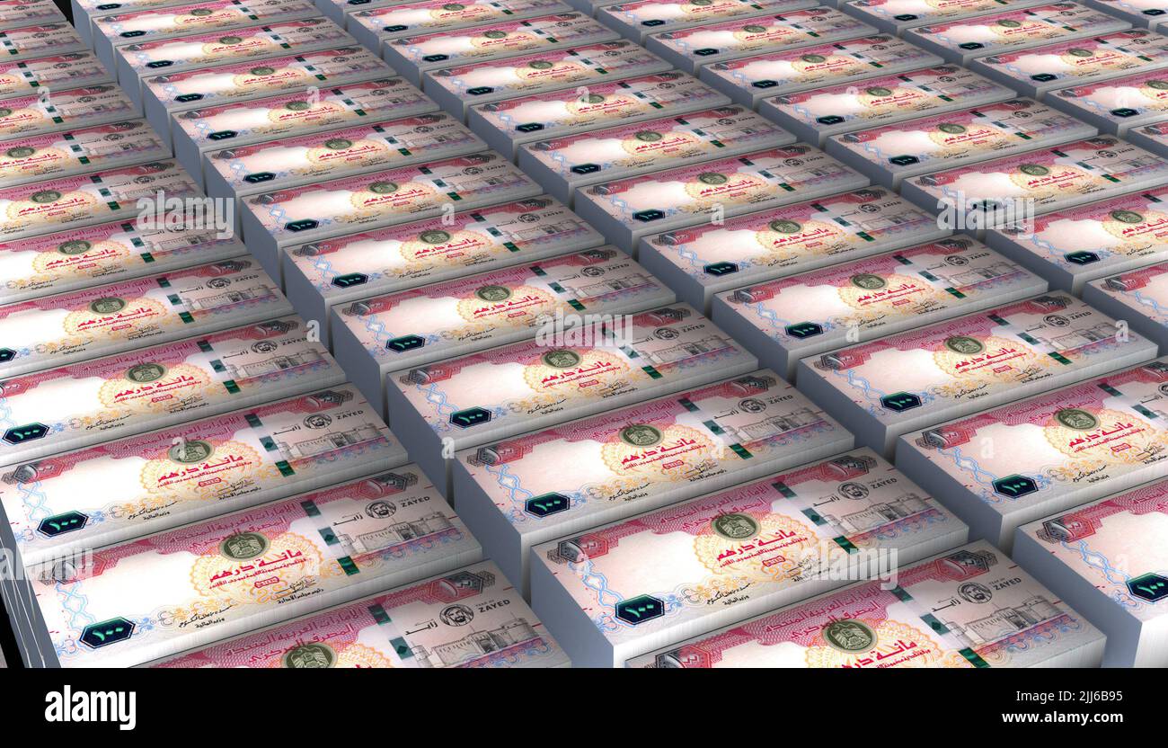 3D Illustrazione Emirati Arabi Uniti 100 Dirham moneta banconota Foto Stock