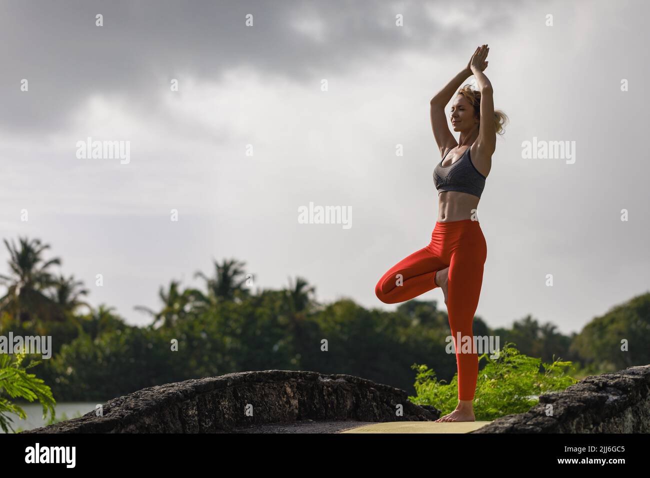 Una giovane donna pratica lo yoga sulla costa dell'oceano durante l'alba. Foto Stock