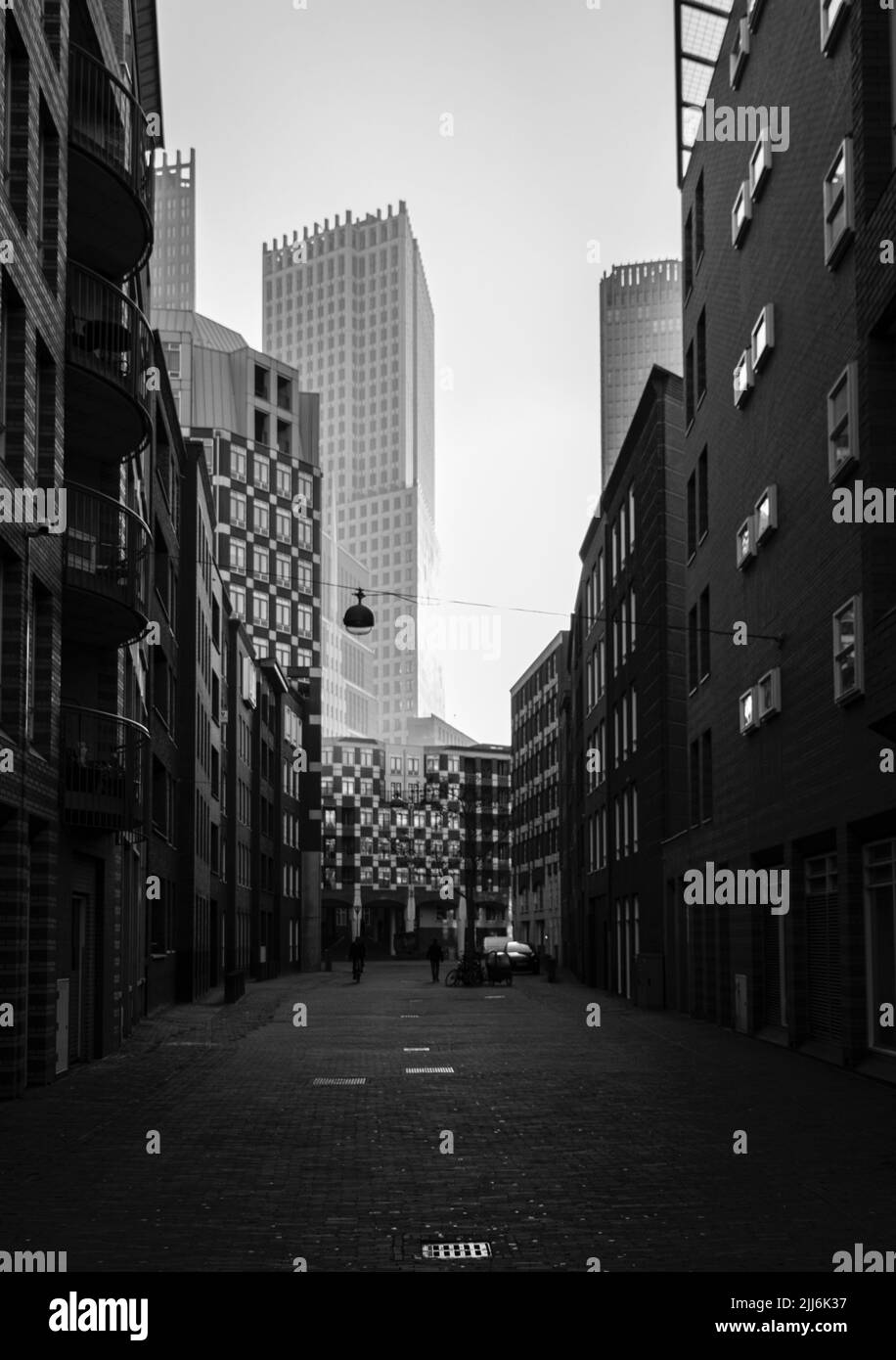 Un'immagine verticale in scala di grigi di una strada con grattacieli di Rotterdam Foto Stock