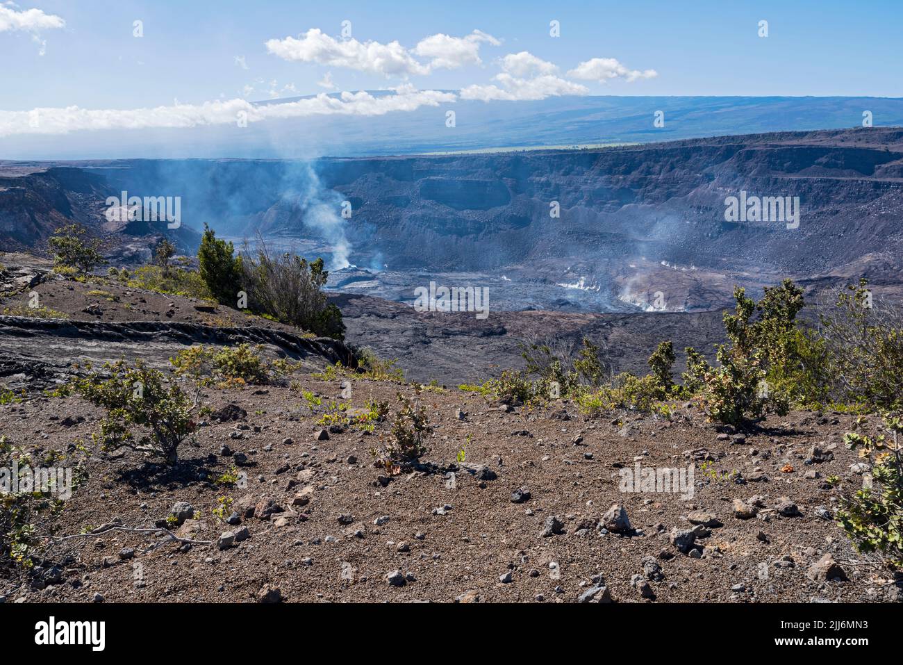 cratere halema'uma'u del vulcano kilauea che emette gas al parco nazionale dei vulcani delle hawaii Foto Stock
