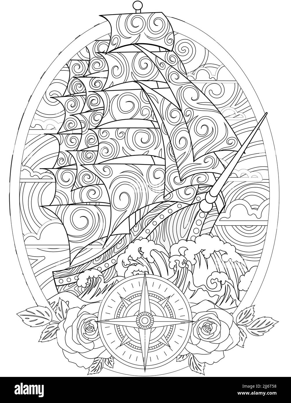 Una grande vecchia nave che naviga attraverso l'oceano con onde forti, rose e una bussola nella parte anteriore - ottimo per colorare libri e stampare Foto Stock