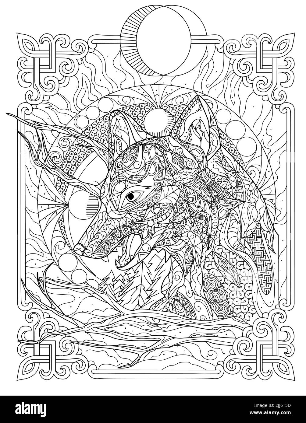 Un profilo laterale dettagliato di una testa di lupo sotto la luna circondato da rami e disegni - ottimo per la colorazione e la stampa Foto Stock