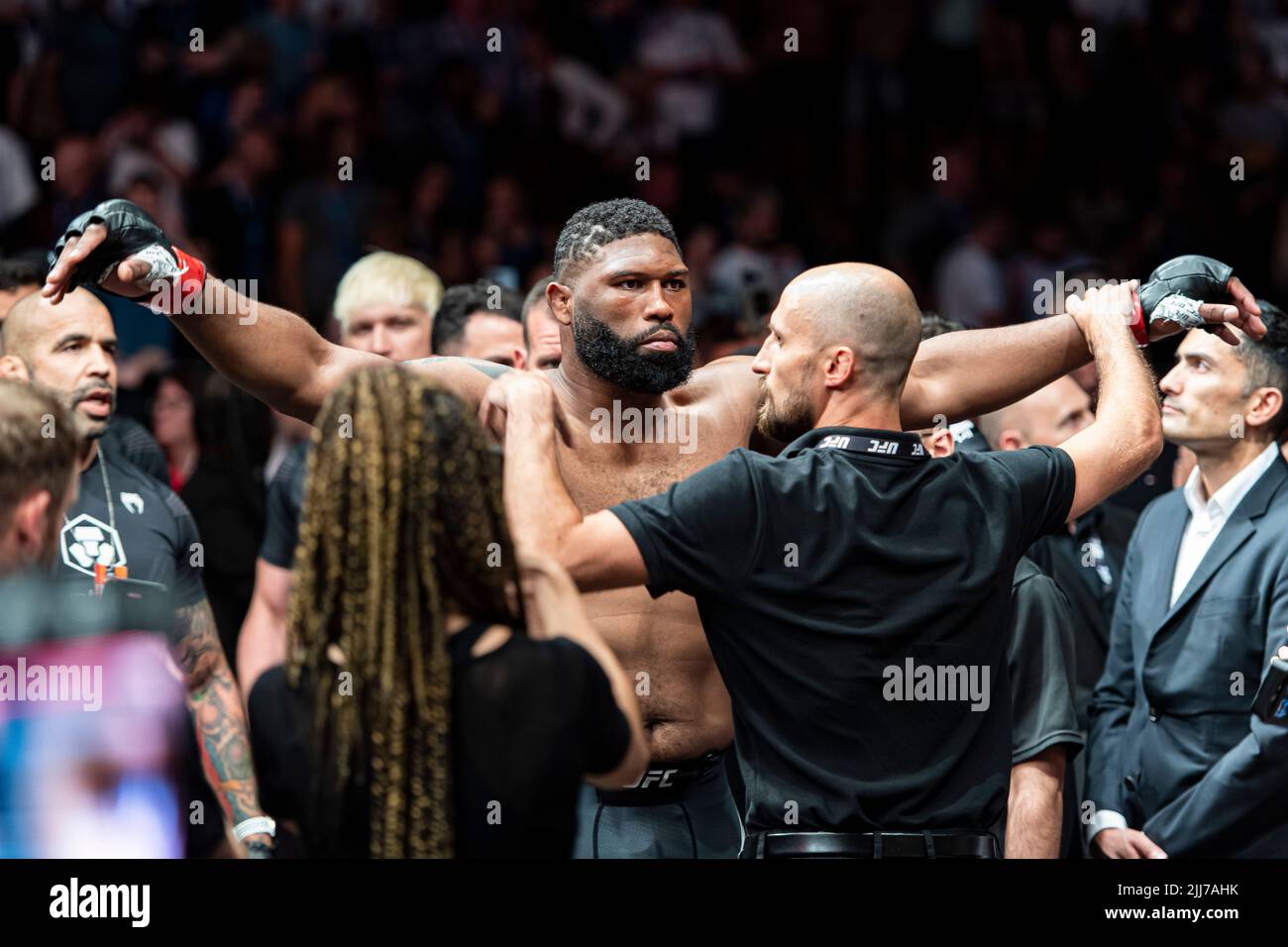 LONDRA, REGNO UNITO. 23th Lug 2022. Curtis Blaydes(#4) vs Tom Aspinall(#6) – UFC Heavyweight durante Under Main Card UFC presenta Blaydes vs Aspinall - UFC Heavyweight alla O2 Arena sabato 23 luglio 2022 a LONDRA REGNO UNITO. Credit: Taka G Wu/Alamy Live News solo per uso editoriale, licenza richiesta per uso commerciale. Nessun utilizzo nelle scommesse, nei giochi o nelle pubblicazioni di un singolo club/campionato/giocatore. Foto Stock